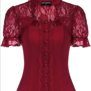 Scarlet Darkness Victorian Tops Short Lace Sleeve Shirts Stand Collar Blouse